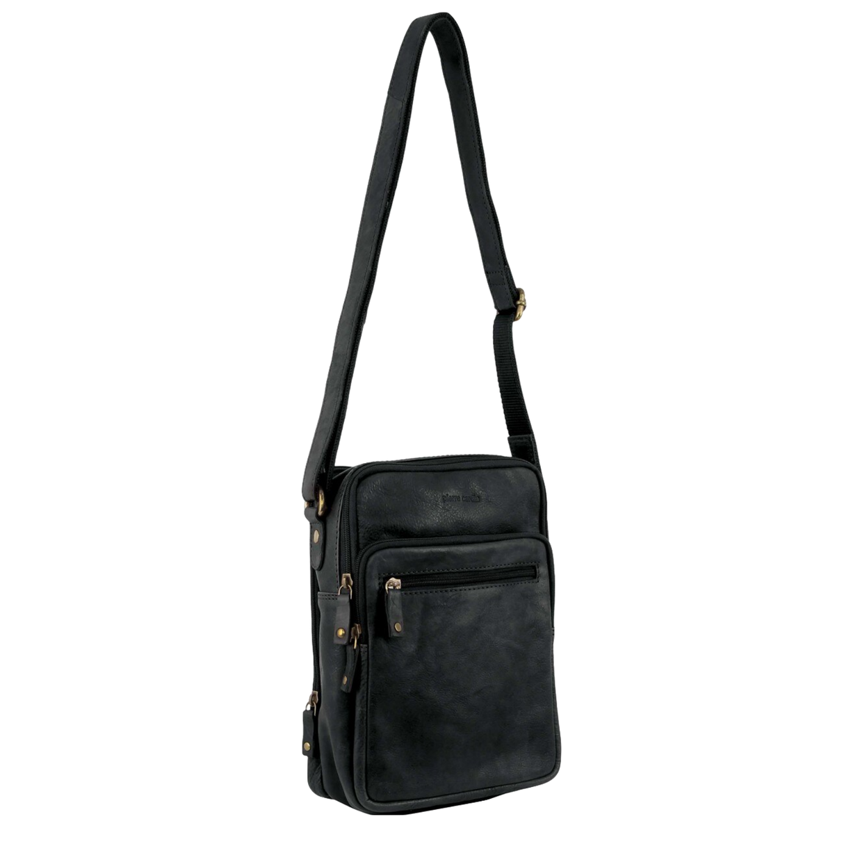 Pierre Cardin Rustic Leather Tablet Bag Cross Body Messenger - Black