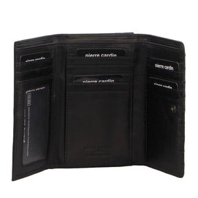 Pierre Cardin Womens Stitch Design Leather Large Tri-Fold Wallet - Black