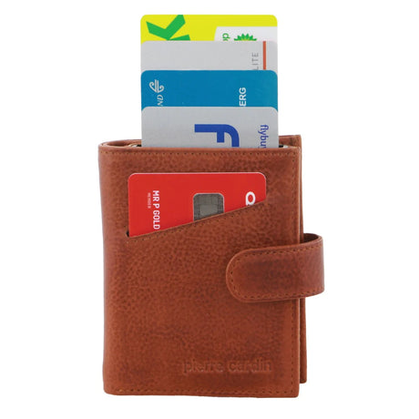 Pierre Cardin Leather Smart Slide Card Holder Tab Wallet with Buckle RFID - Tan