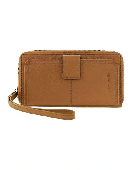 Pierre Cardin Womens Leather Zip Around Wallet RFID Blocking w/ Wristlet in Tan
