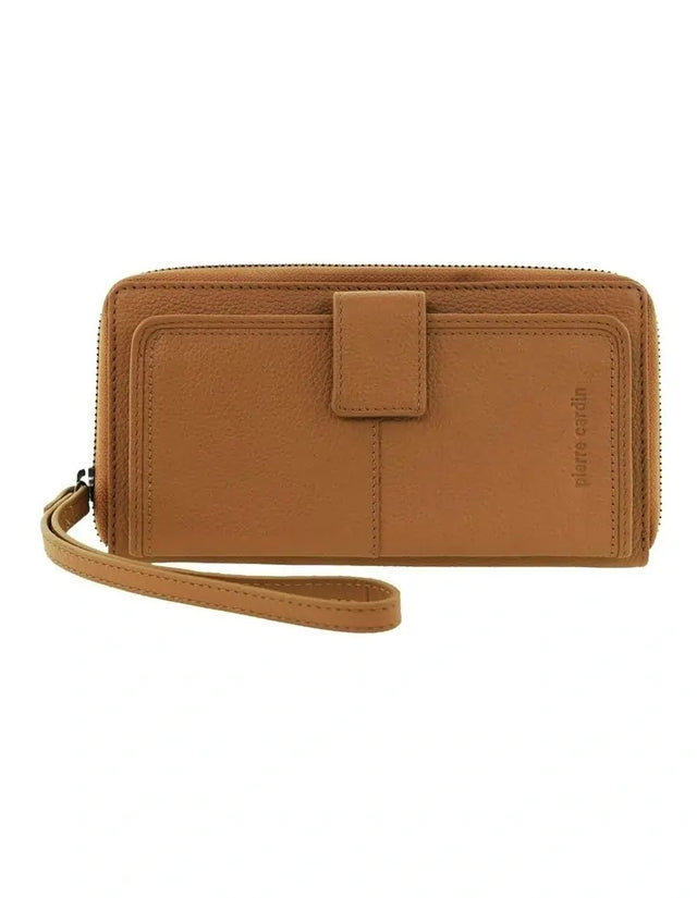 Pierre Cardin Womens Leather Zip Around Wallet RFID Blocking w/ Wristlet in Tan