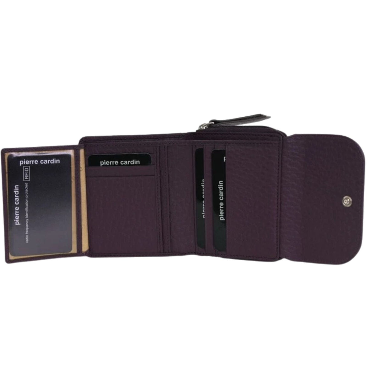 Pierre Cardin Ladies Leather Wallet  Trifold Italian Snap Tab Multi Card Zip Coin in Burgundy Taupe