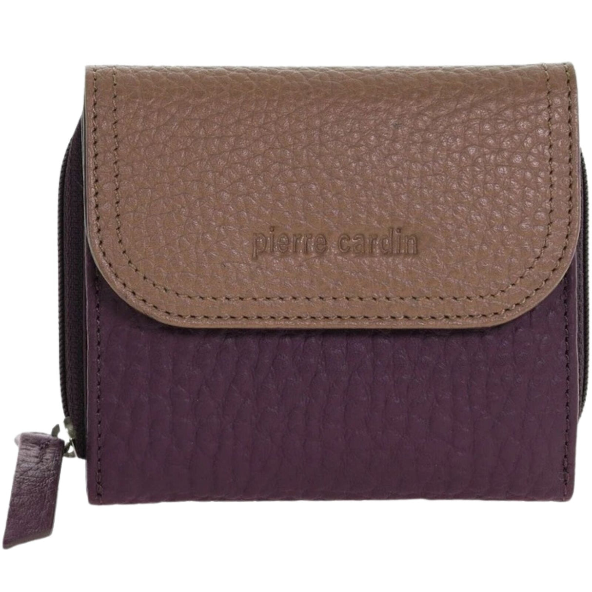 Pierre Cardin Ladies Leather Wallet  Trifold Italian Snap Tab Multi Card Zip Coin in Burgundy Taupe