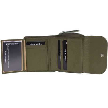Pierre Cardin Ladies Leather Tri-Fold Tab Wallet in Green/Taupe