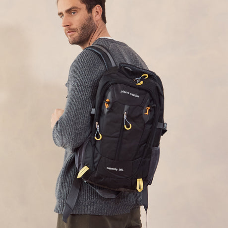 Pierre Cardin Mens 30L Nylon Adventure Travel Hiking Backpack Bag - Black