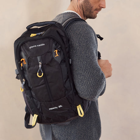 Pierre Cardin Mens 30L Nylon Adventure Travel Hiking Backpack Bag - Black