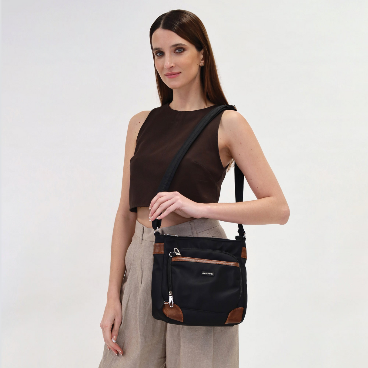 Pierre Cardin Nylon Cross Body Bag Slash Proof Shoulder in Black