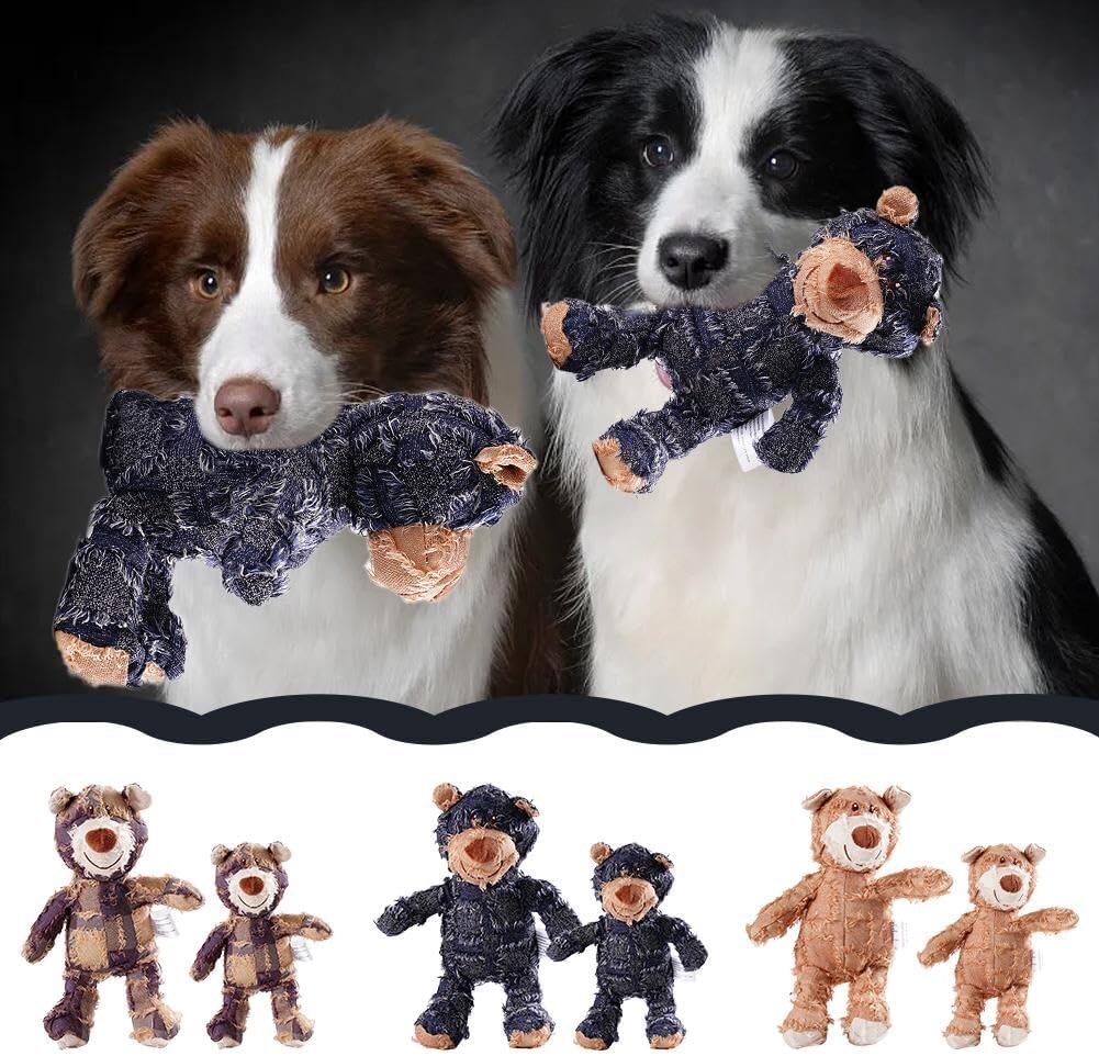 Durable Bear Dog Toy for Aggressive Chewers - Plush, Cotton Rope, Squeaky, Crink - Denim Blue