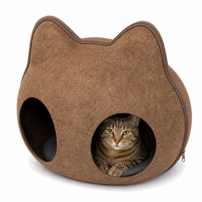 Cat Bed House Cave Nest w/ Pillow Igloo Cave in Brown (Detachable, Washable Sturdy Felt)