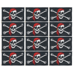 12x Black Pirate Flag w/ Skull, Crossbones & Red Bandana Bulk Pack - Large Jolly Roger Flag - 150x90cm