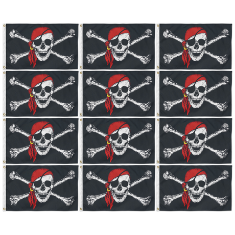 12x Black Pirate Flag w/ Skull, Crossbones & Red Bandana Bulk Pack - Large Jolly Roger Flag - 150x90cm