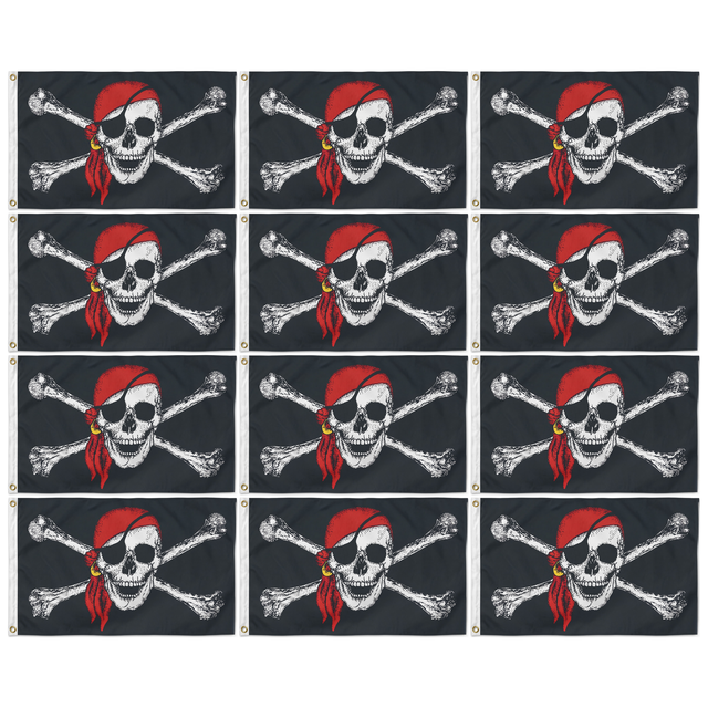 12x Black Pirate Flag w/ Skull, Crossbones & Red Bandana Bulk Pack - Large Jolly Roger Flag - 150x90cm