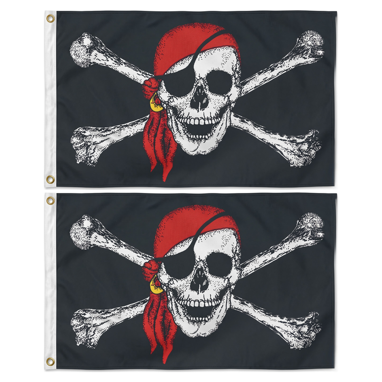 2x Black Pirate Flag w/ Skull, Crossbones & Red Bandana Pack - Large Jolly Roger Flag - 150x90cm