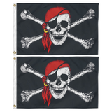 2x Black Pirate Flag w/ Skull, Crossbones & Red Bandana Pack - Large Jolly Roger Flag - 150x90cm