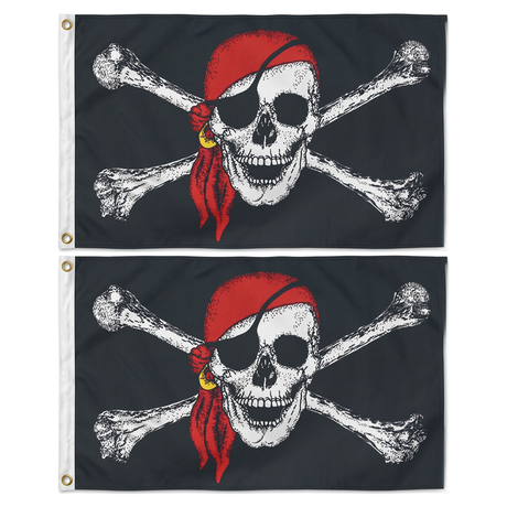 2x Black Pirate Flag w/ Skull, Crossbones & Red Bandana Pack - Large Jolly Roger Flag - 150x90cm