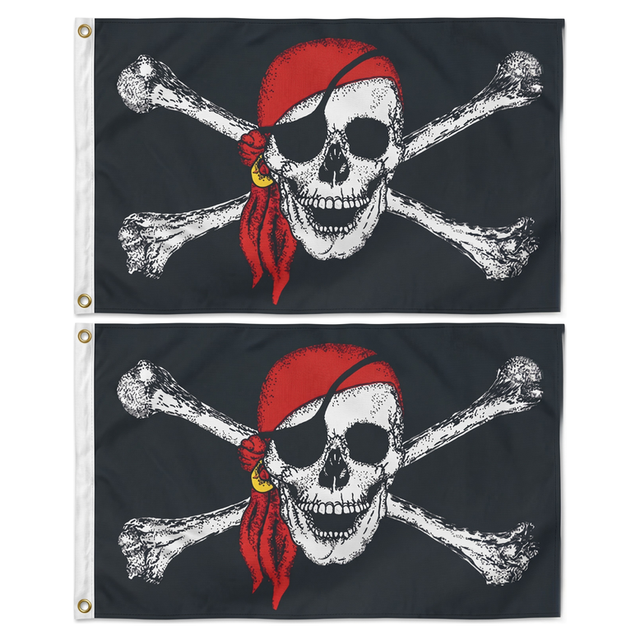 2x Black Pirate Flag w/ Skull, Crossbones & Red Bandana Pack - Large Jolly Roger Flag - 150x90cm