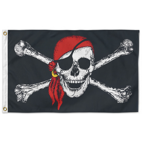 Black Pirate Flag w/ Skull, Crossbones & Red Bandana - Large Jolly Roger Flag - 150x90cm