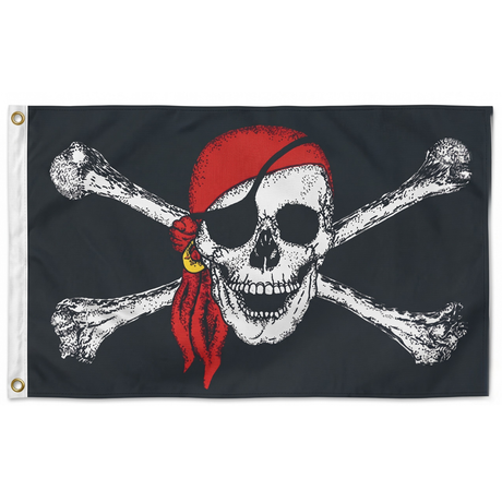 Black Pirate Flag w/ Skull, Crossbones & Red Bandana - Large Jolly Roger Flag - 150x90cm