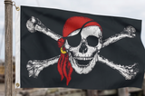 Black Pirate Flag w/ Skull, Crossbones & Red Bandana - Large Jolly Roger Flag - 150x90cm