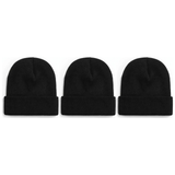 3x Black Plain Beanie Bulk Pack - Unisex Warm Winter Knit Hat (One Size)