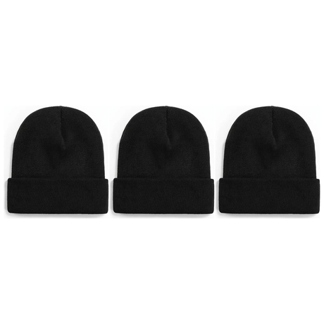 3x Black Plain Beanie Bulk Pack - Unisex Warm Winter Knit Hat (One Size)