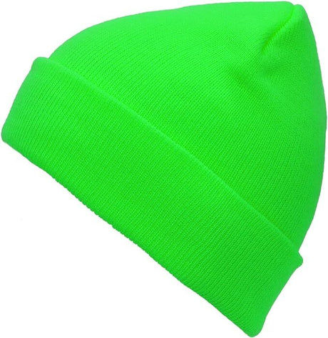 Fluro Green Plain Beanie - Unisex Warm Winter Knit Hat (One Size)