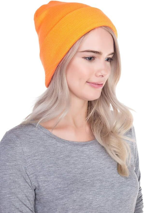 Fluro Orange Plain Beanie - Unisex Warm Winter Knit Hat (One Size)