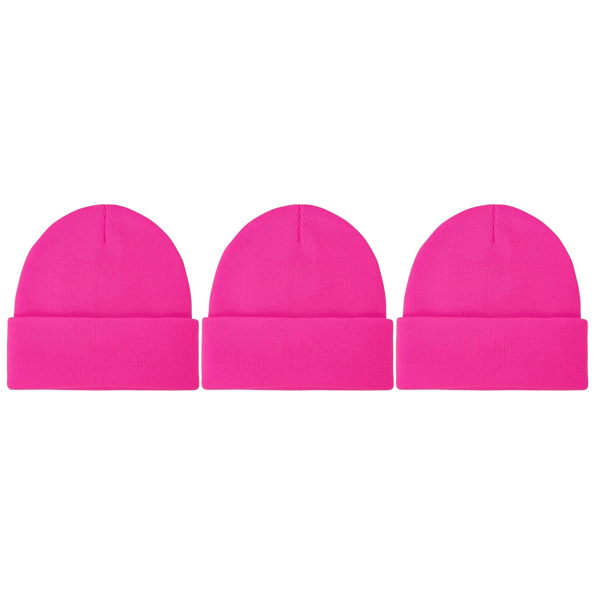 3x Fluro Pink Plain Beanie Bulk Pack - Unisex Warm Winter Knit Hat (One Size)