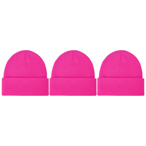 3x Fluro Pink Plain Beanie Bulk Pack - Unisex Warm Winter Knit Hat (One Size)