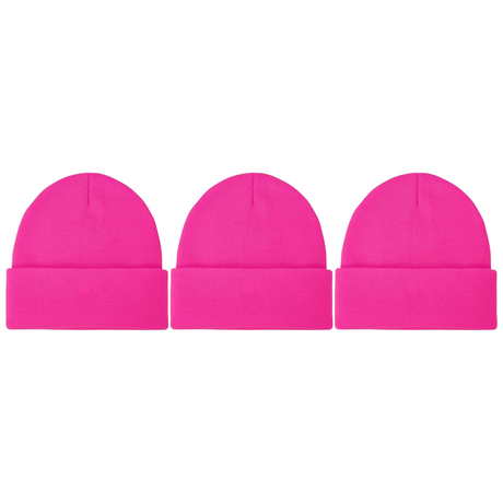 3x Fluro Pink Plain Beanie Bulk Pack - Unisex Warm Winter Knit Hat (One Size)