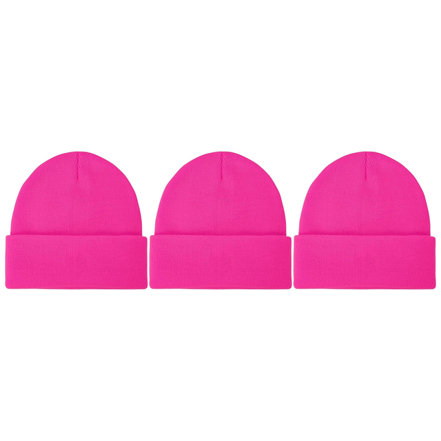 3x Fluro Pink Plain Beanie Bulk Pack - Unisex Warm Winter Knit Hat (One Size)