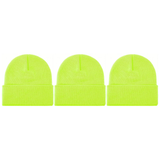3x Fluro Yellow Plain Beanie Bulk Pack - Unisex Warm Winter Knit Hat (One Size)