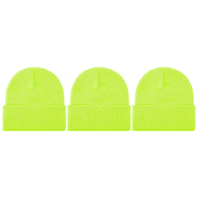 3x Fluro Yellow Plain Beanie Bulk Pack - Unisex Warm Winter Knit Hat (One Size)