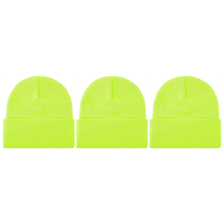 3x Fluro Yellow Plain Beanie Bulk Pack - Unisex Warm Winter Knit Hat (One Size)
