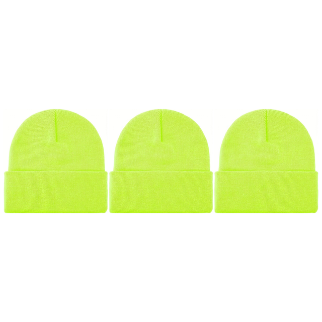 3x Fluro Yellow Plain Beanie Bulk Pack - Unisex Warm Winter Knit Hat (One Size)