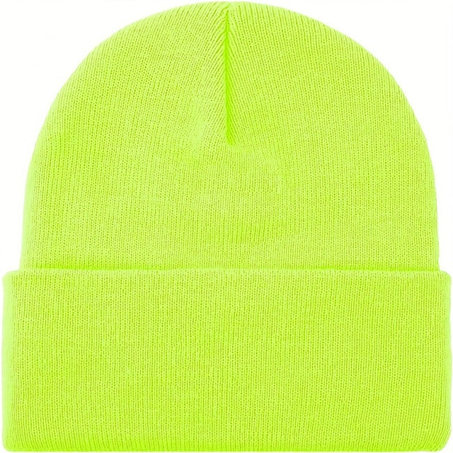 Plain Fluro Yellow Beanie - Unisex Warm Winter Knit Hat (One Size)