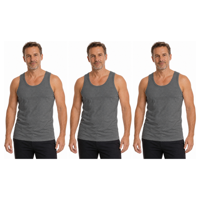 3x Mens 100% Cotton Plain Singlet Tank Top Pack - Grey (Basic Slim Gym Top)
