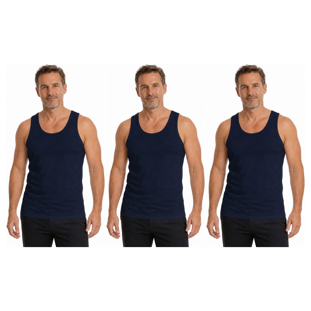 3x Mens 100% Cotton Plain Singlet Tank Top Pack - Navy Blue (Basic Slim Gym Top)