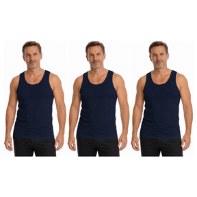 3x Mens 100% Cotton Plain Singlet Tank Top Pack - Navy Blue (Basic Slim Gym Top)