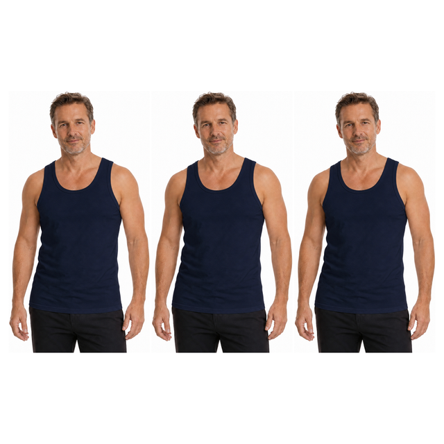 3x Mens 100% Cotton Plain Singlet Tank Top Pack - Navy Blue (Basic Slim Gym Top)