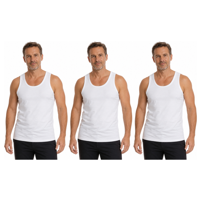 3x Mens 100% Cotton Plain Singlet Tank Top Pack - White (Basic Slim Gym Top)