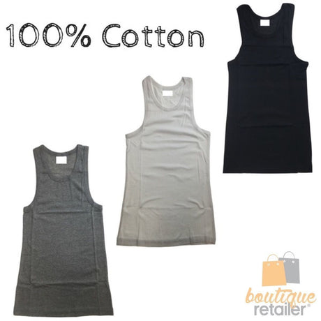 Mens PLAIN SINGLET 100% Cotton Blank Slim Tank Top Gym Basic Casual S-3XL - Black