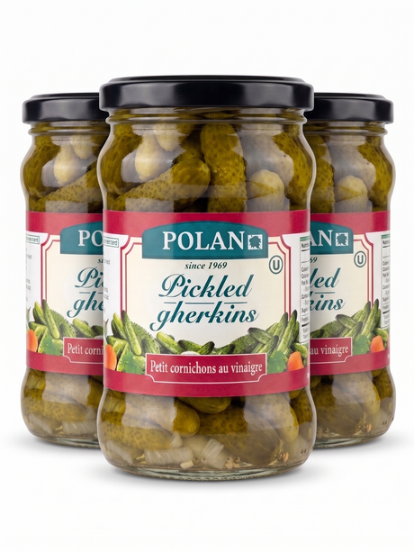 3x 280g Polan Pickled Cucumbers Gherkins (Cornichons in Vinegar) in Glass Jar - Product of Poland