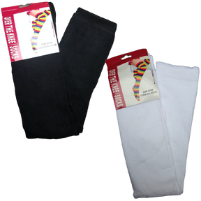 2 Pairs Ladies Over The Knee Socks Plain Black + White High Thigh Long Stockings