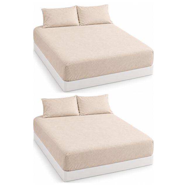 2x 100% Egyptian Flannelette Cotton Queen Fitted Sheet Set & Pillow Cases Pack - Beige