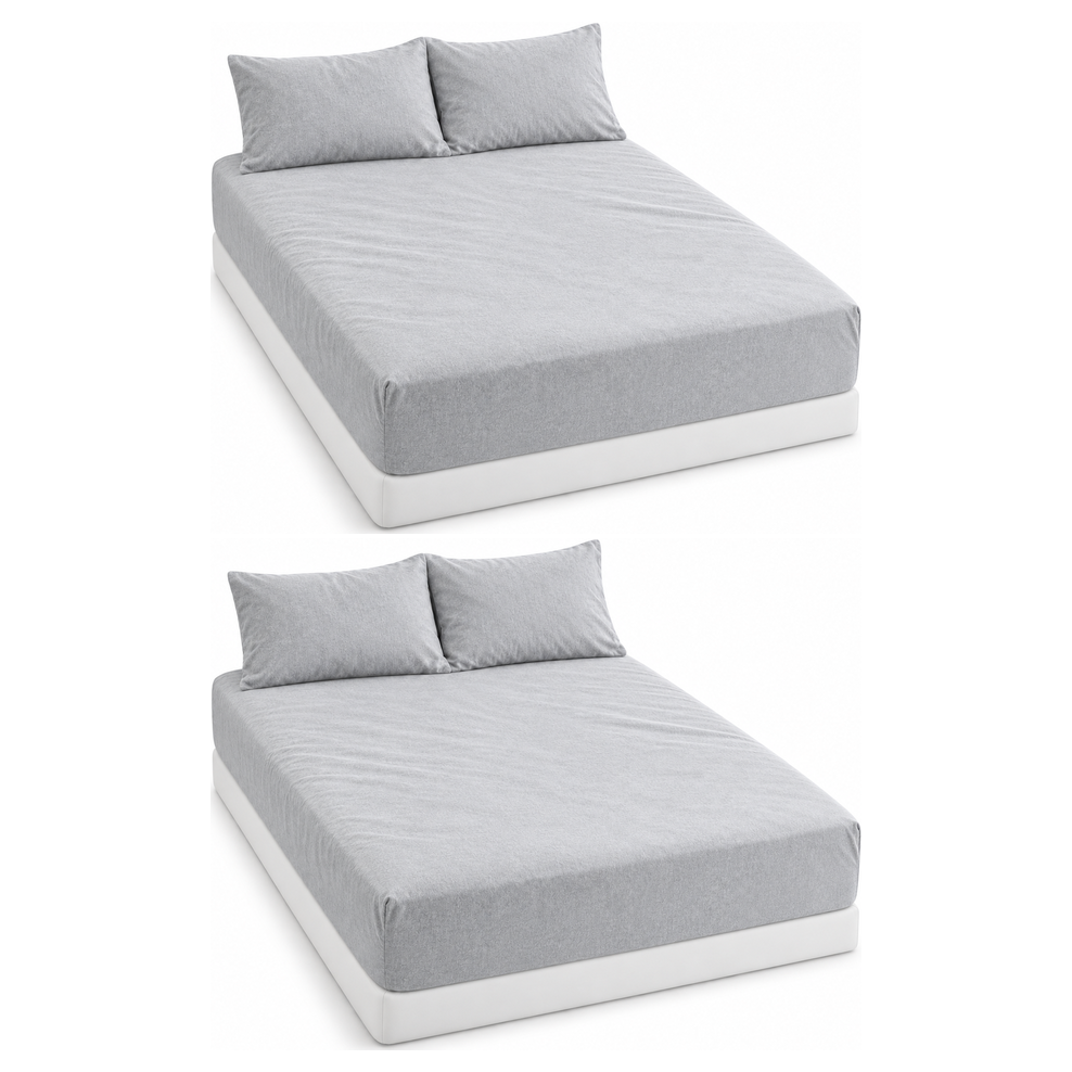 2x 100% Egyptian Flannelette Cotton King Fitted Sheet Set & Pillow Cases Pack - Plain Grey