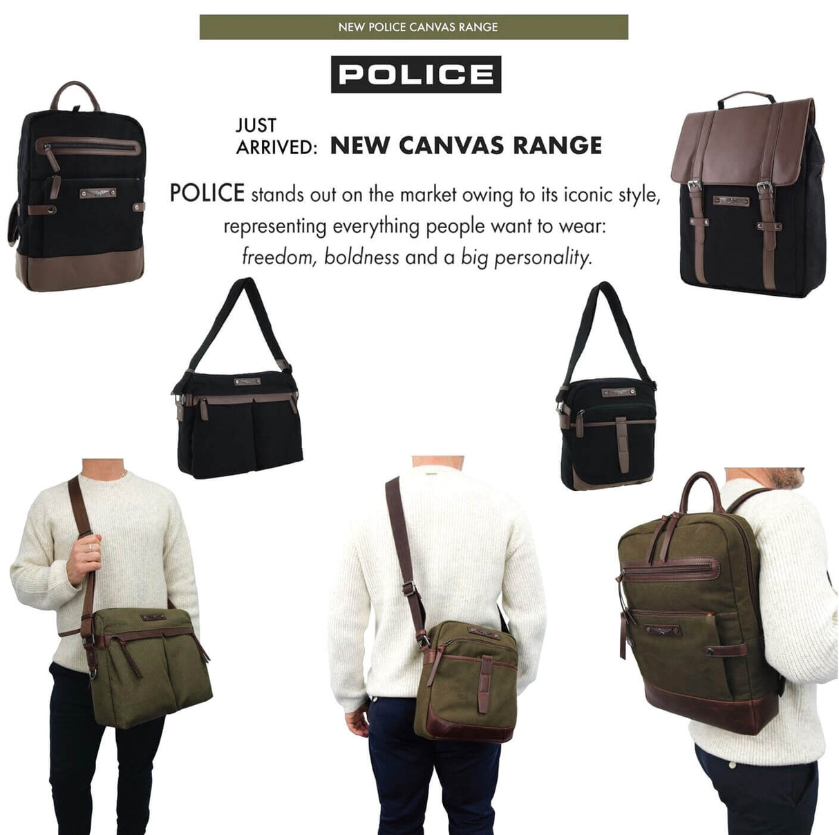 Police Wings Mens Canvas Backpack Bag with Laptop Computer Sleeve in Black