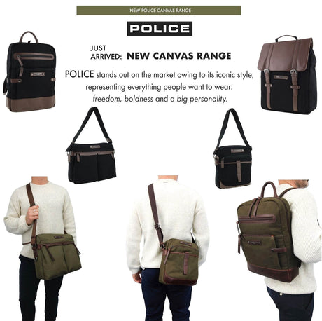POLICE Wings Mens Canvas Backpack Bag with Laptop Computer Sleeve in Black
