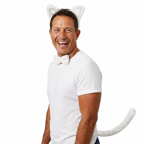 3pcs White Cat Animal Set - Bow Tie, Tail & Ears (Book Week Costume & Halloween Fancy Dress)