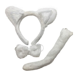 3pcs White Cat Animal Set - Bow Tie, Tail & Ears (Book Week Costume & Halloween Fancy Dress)